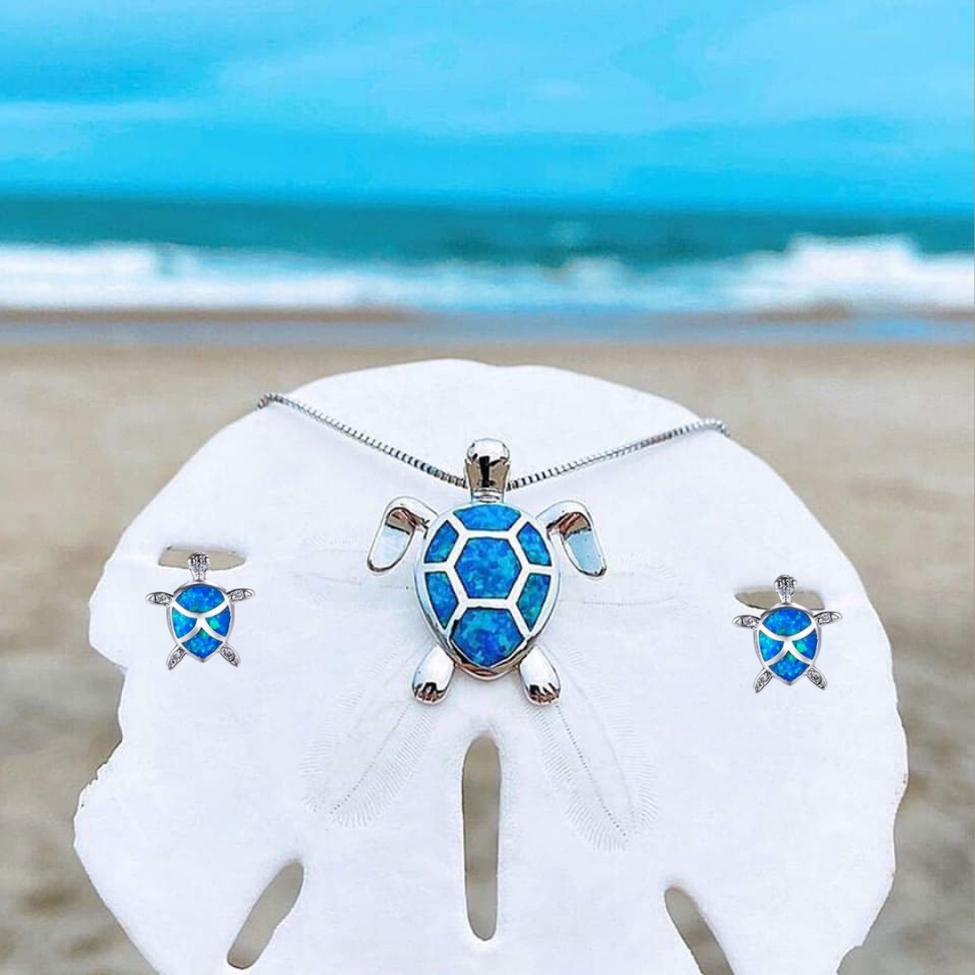 Parure Collier et Boucles d'Oreilles Tortue de Mer en Opale et Argent